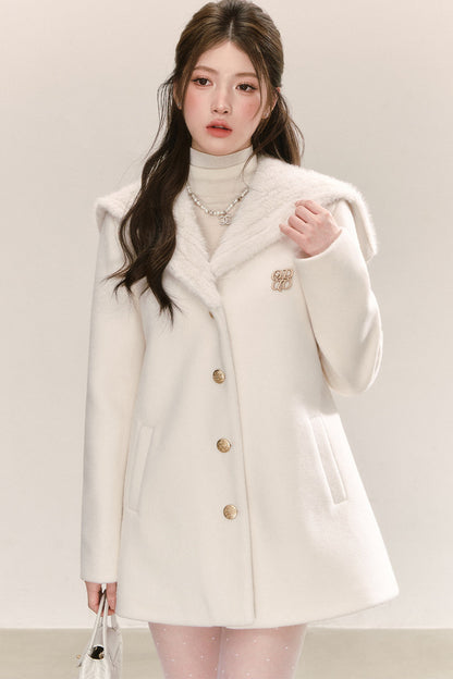White Navy Collar Woolen Coat