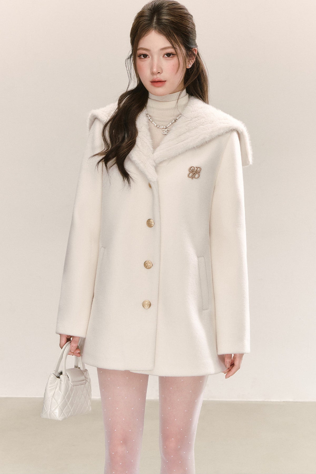 White Navy Collar Woolen Coat