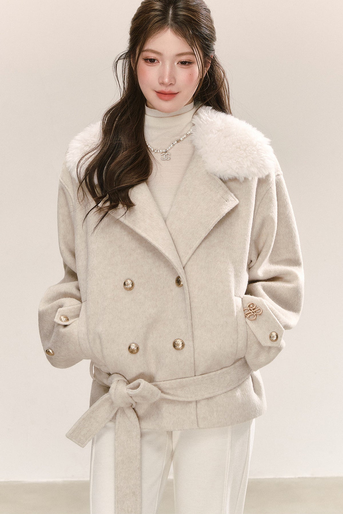 Classic Patchwork Fur Collar Woolen Coat