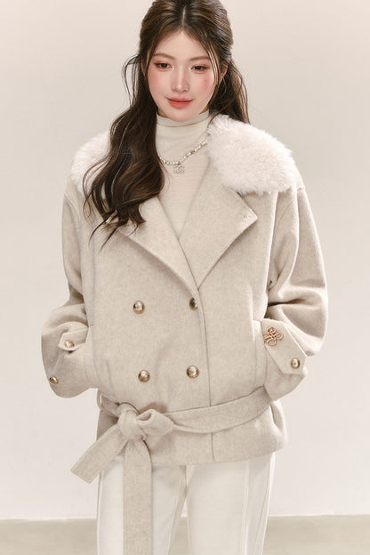 Classic Patchwork Fur Collar Woolen Coat