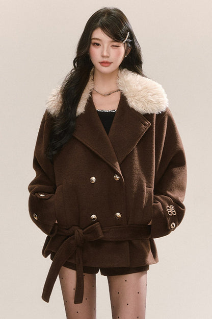 Classic Patchwork Fur Collar Woolen Coat