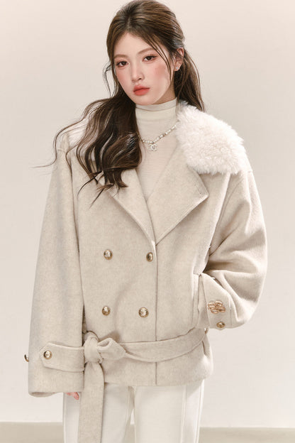 Classic Patchwork Fur Collar Woolen Coat