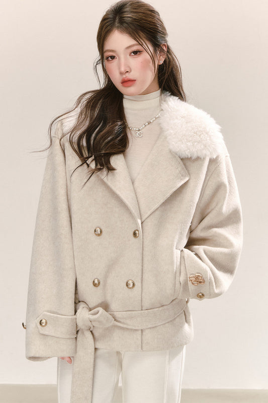Classic Patchwork Fur Collar Woolen Coat