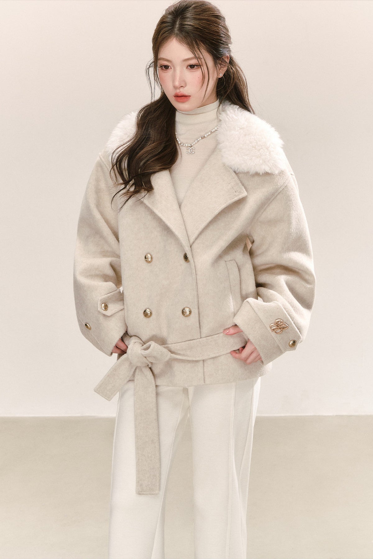 Classic Patchwork Fur Collar Woolen Coat