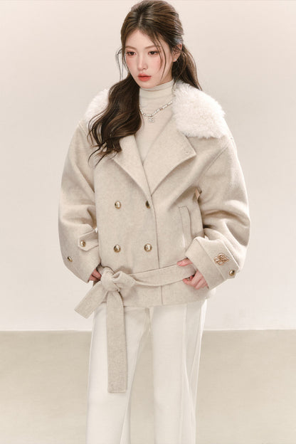 Classic Patchwork Fur Collar Woolen Coat