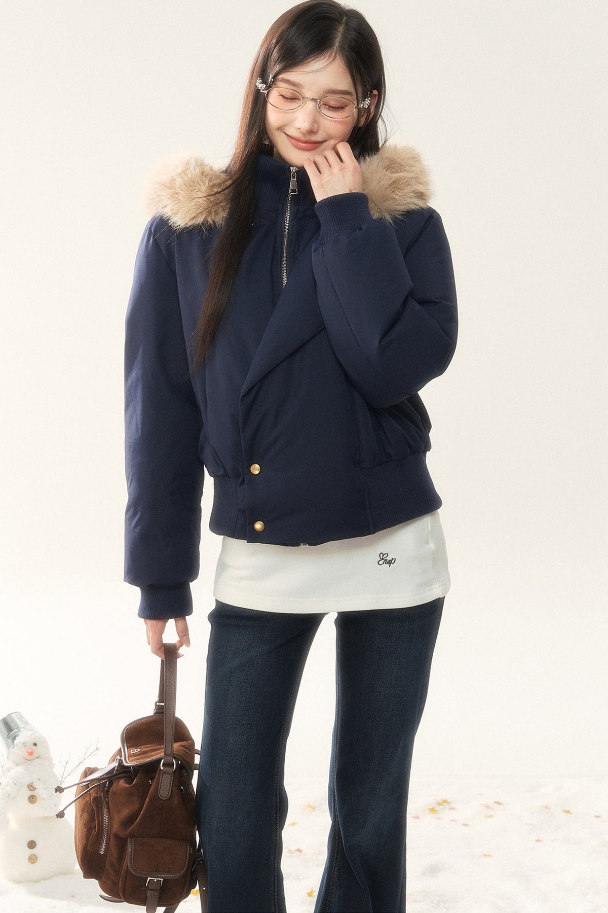 Hooded Fur Collar Down Jacket and Pants Set-Up
