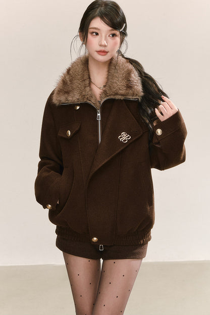 Maillard Fur Collar Woolen Jacket and Shorts Set-Up