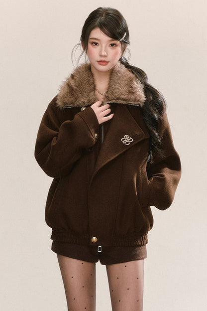 Maillard Fur Collar Woolen Jacket and Shorts Set-Up