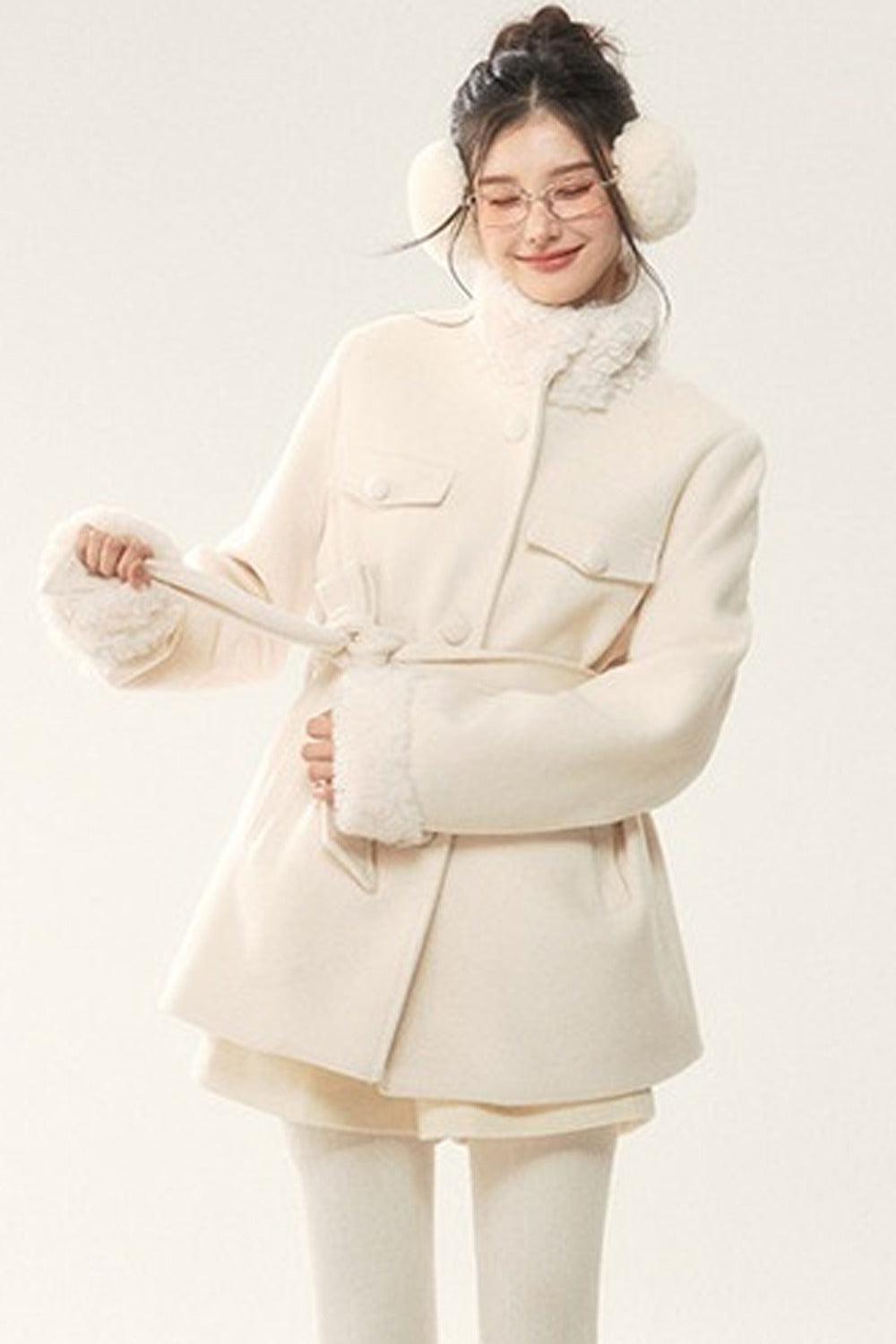 Woolen Fur Collar Tie-Up Jacket and Pants Set-Up