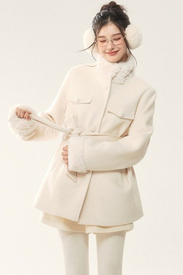 Woolen Fur Collar Tie-Up Jacket and Pants Set-Up