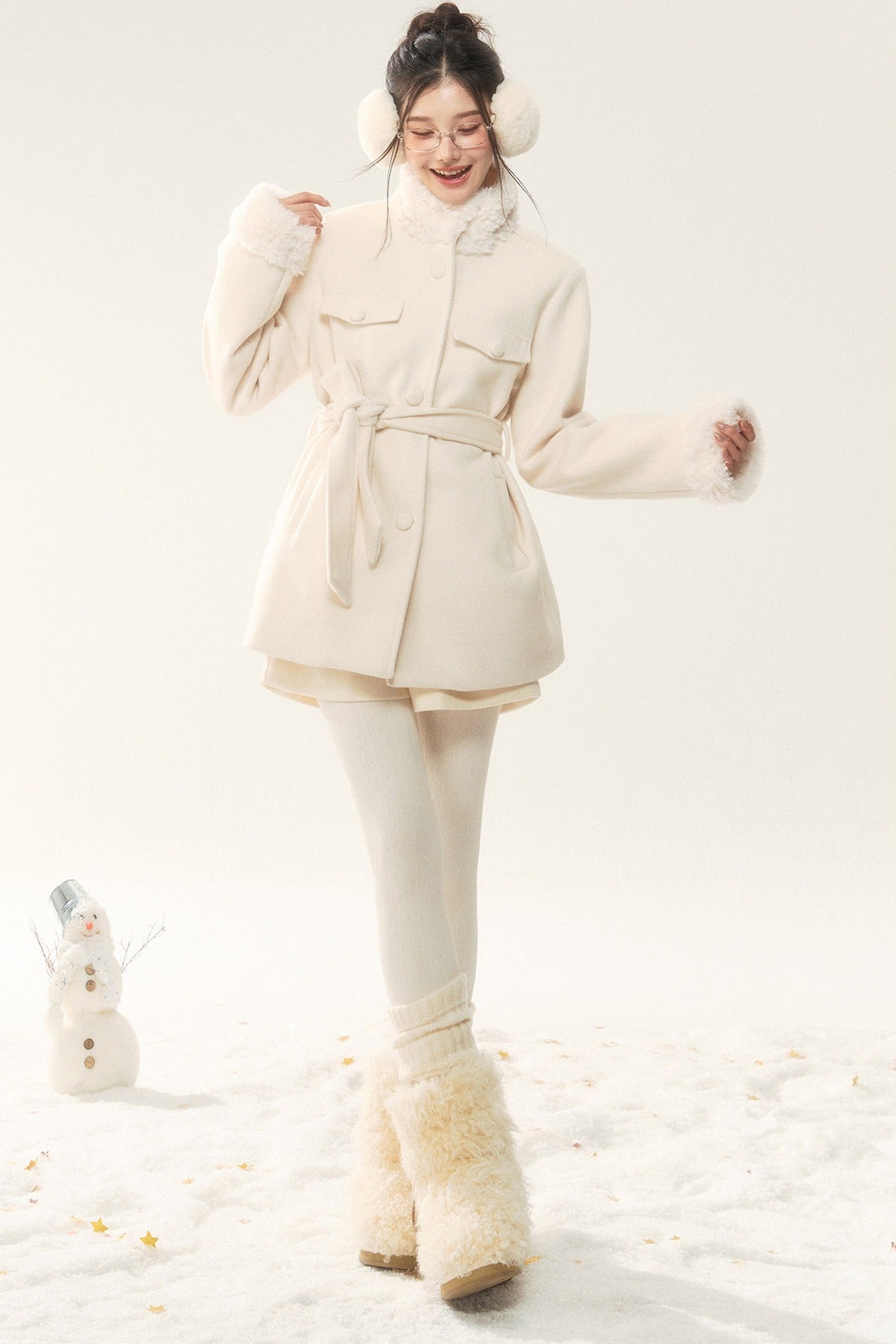 Woolen Fur Collar Tie-Up Jacket and Pants Set-Up