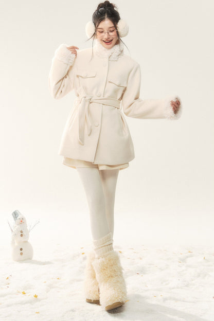 Woolen Fur Collar Tie-Up Jacket and Pants Set-Up
