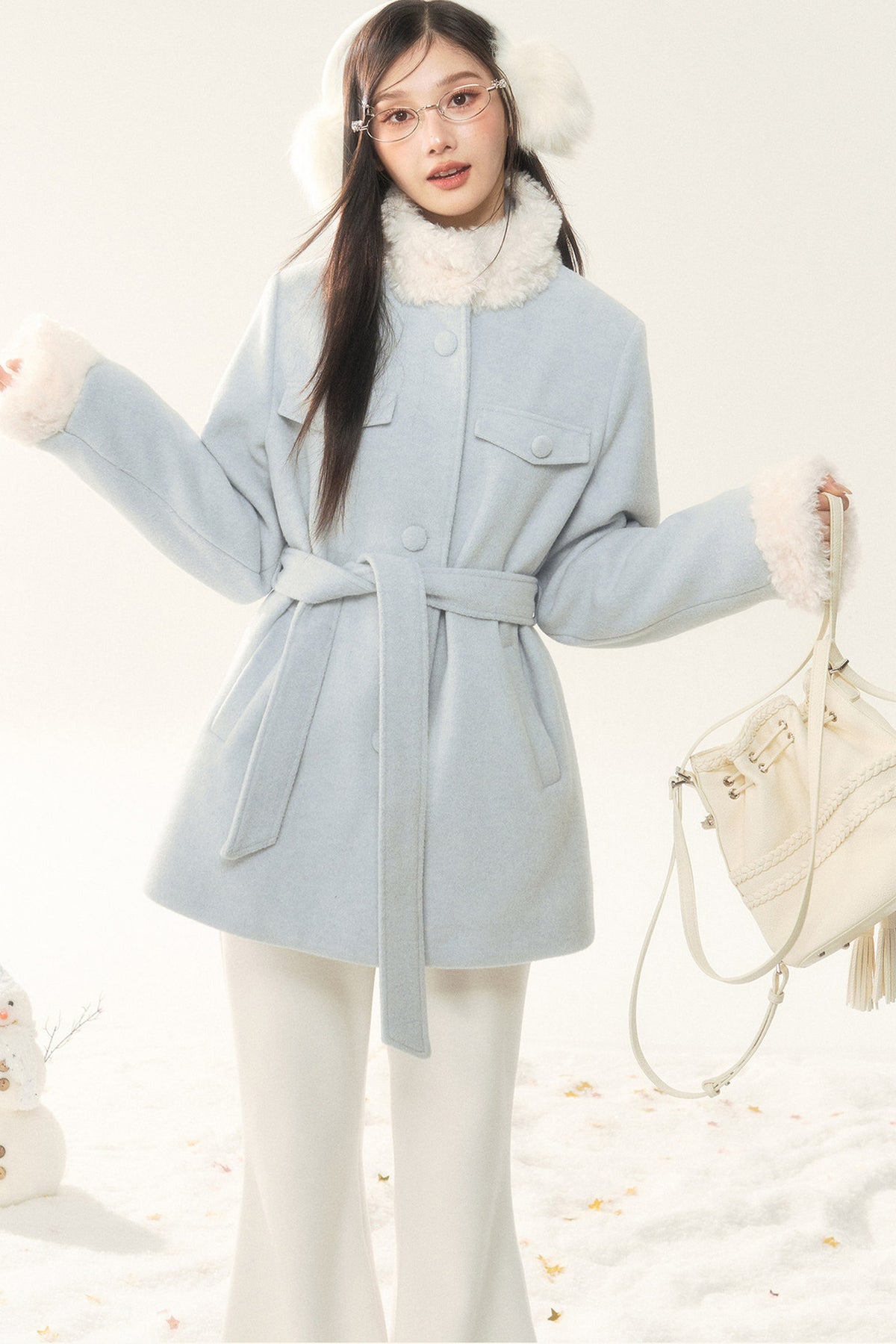 Woolen Fur Collar Tie-Up Jacket and Pants Set-Up