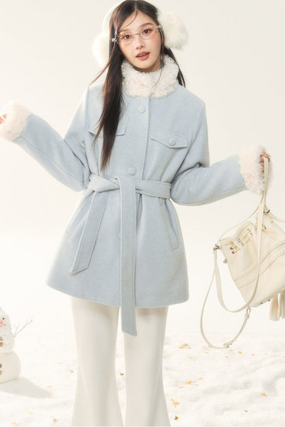Woolen Fur Collar Tie-Up Jacket and Pants Set-Up