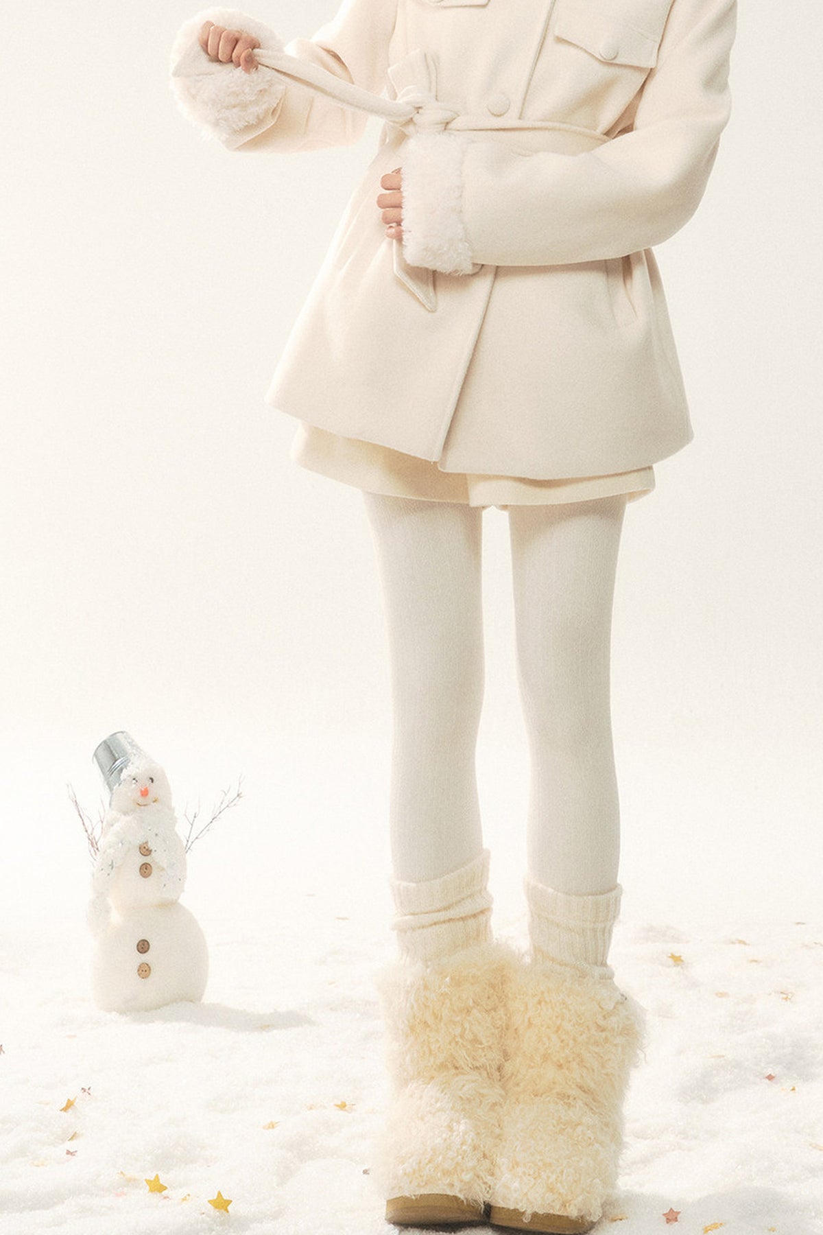 Woolen Fur Collar Tie-Up Jacket and Pants Set-Up