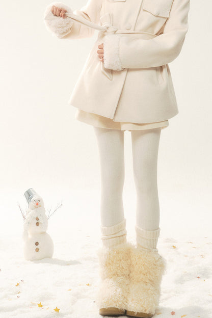Woolen Fur Collar Tie-Up Jacket and Pants Set-Up
