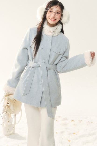 Woolen Fur Collar Tie-Up Jacket and Pants Set-Up