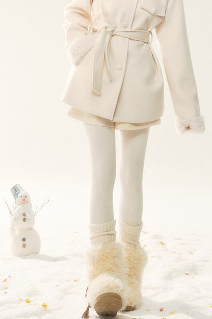 Woolen Fur Collar Tie-Up Jacket and Pants Set-Up