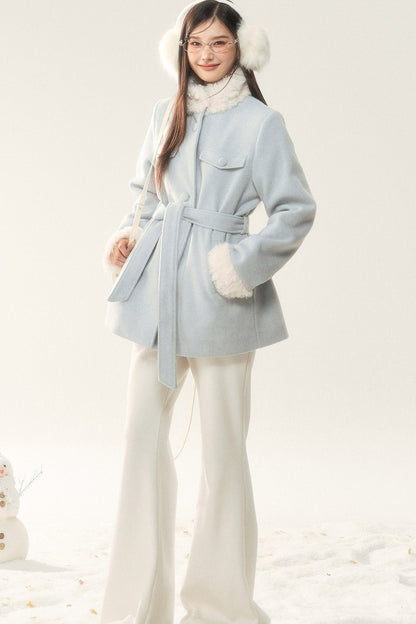 Woolen Fur Collar Tie-Up Jacket and Pants Set-Up