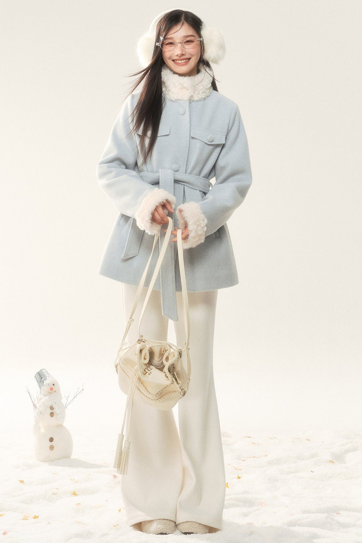 Woolen Fur Collar Tie-Up Jacket and Pants Set-Up