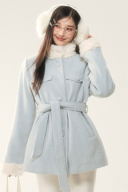 Woolen Fur Collar Tie-Up Jacket and Pants Set-Up