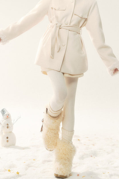 Woolen Fur Collar Tie-Up Jacket and Pants Set-Up