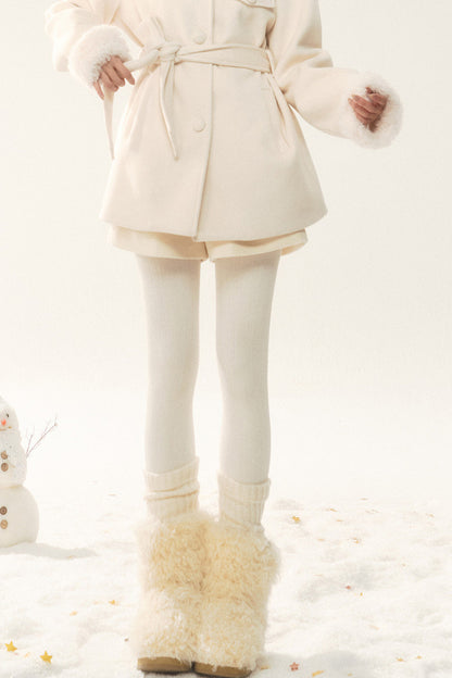 Woolen Fur Collar Tie-Up Jacket and Pants Set-Up
