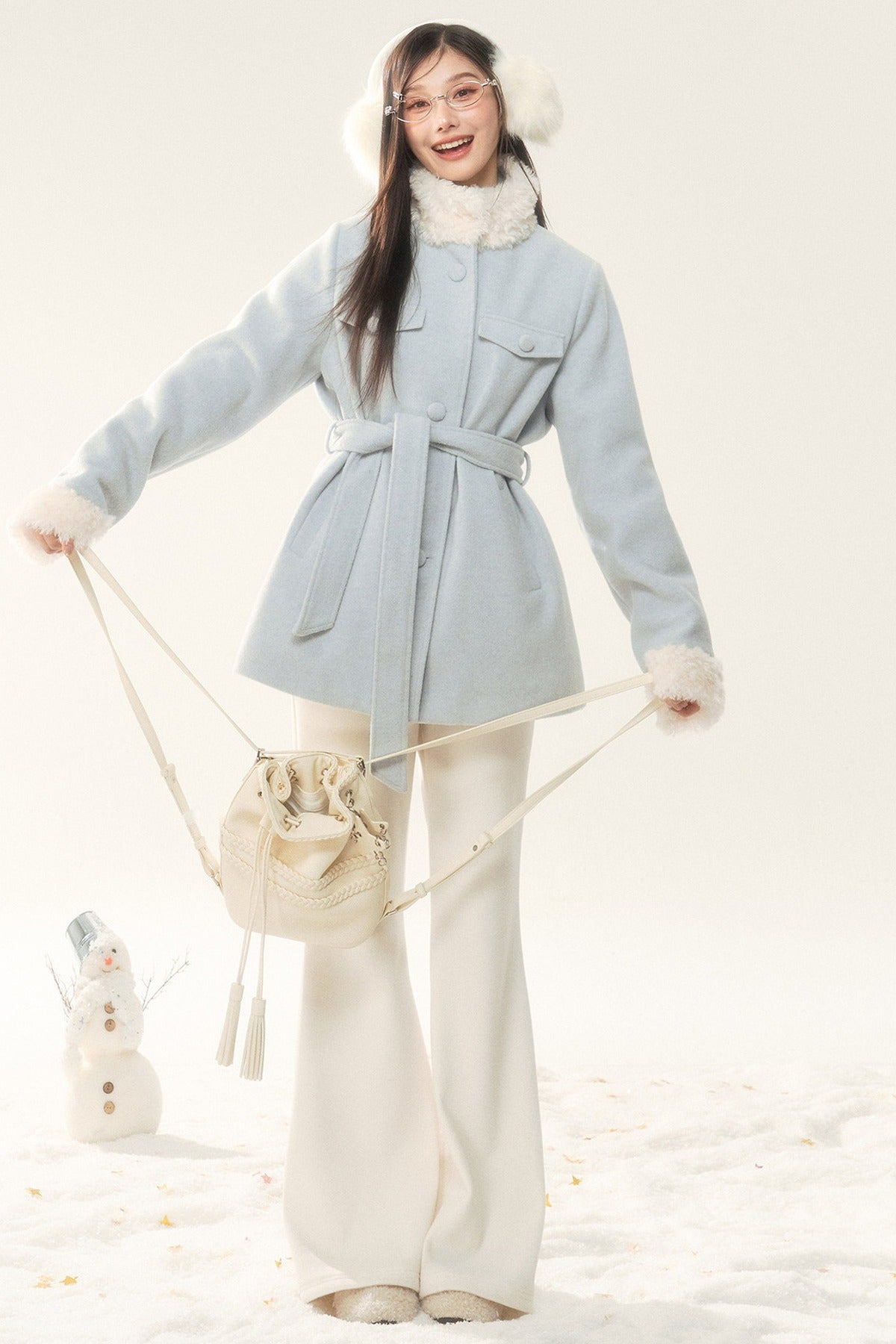 Woolen Fur Collar Tie-Up Jacket and Pants Set-Up