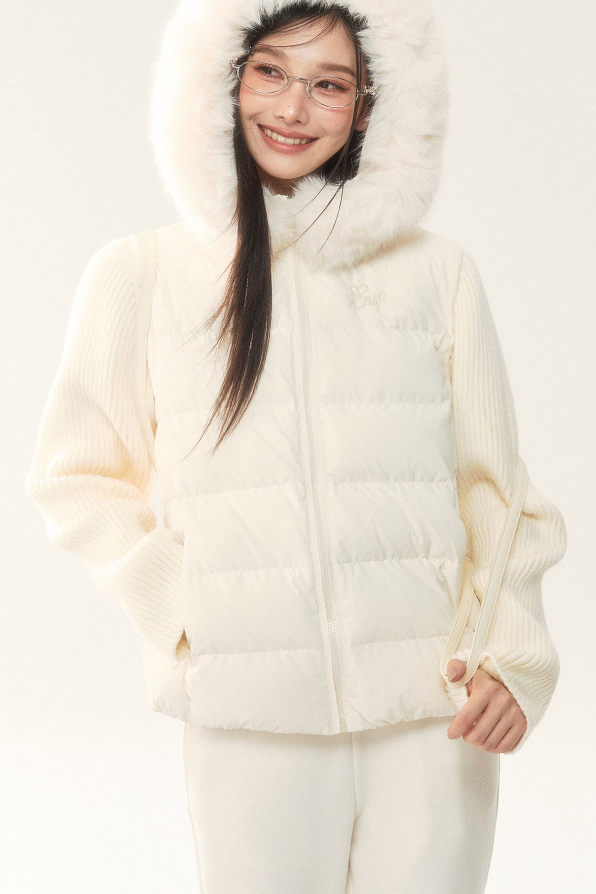 Hooded Knitted Sleeve Down Jacket and Pants Set-Up
