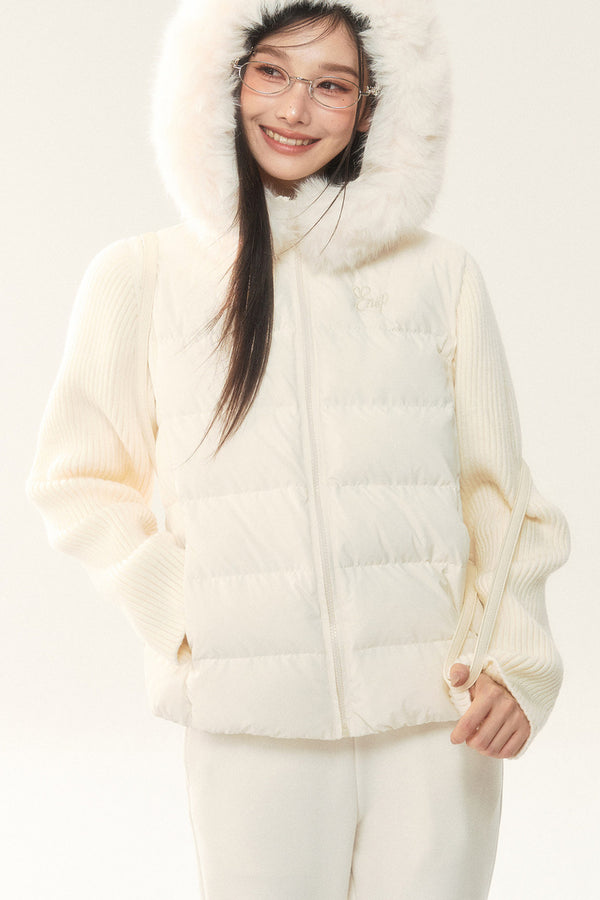 Hooded Knitted Sleeve Down Jacket and Pants Set-Up