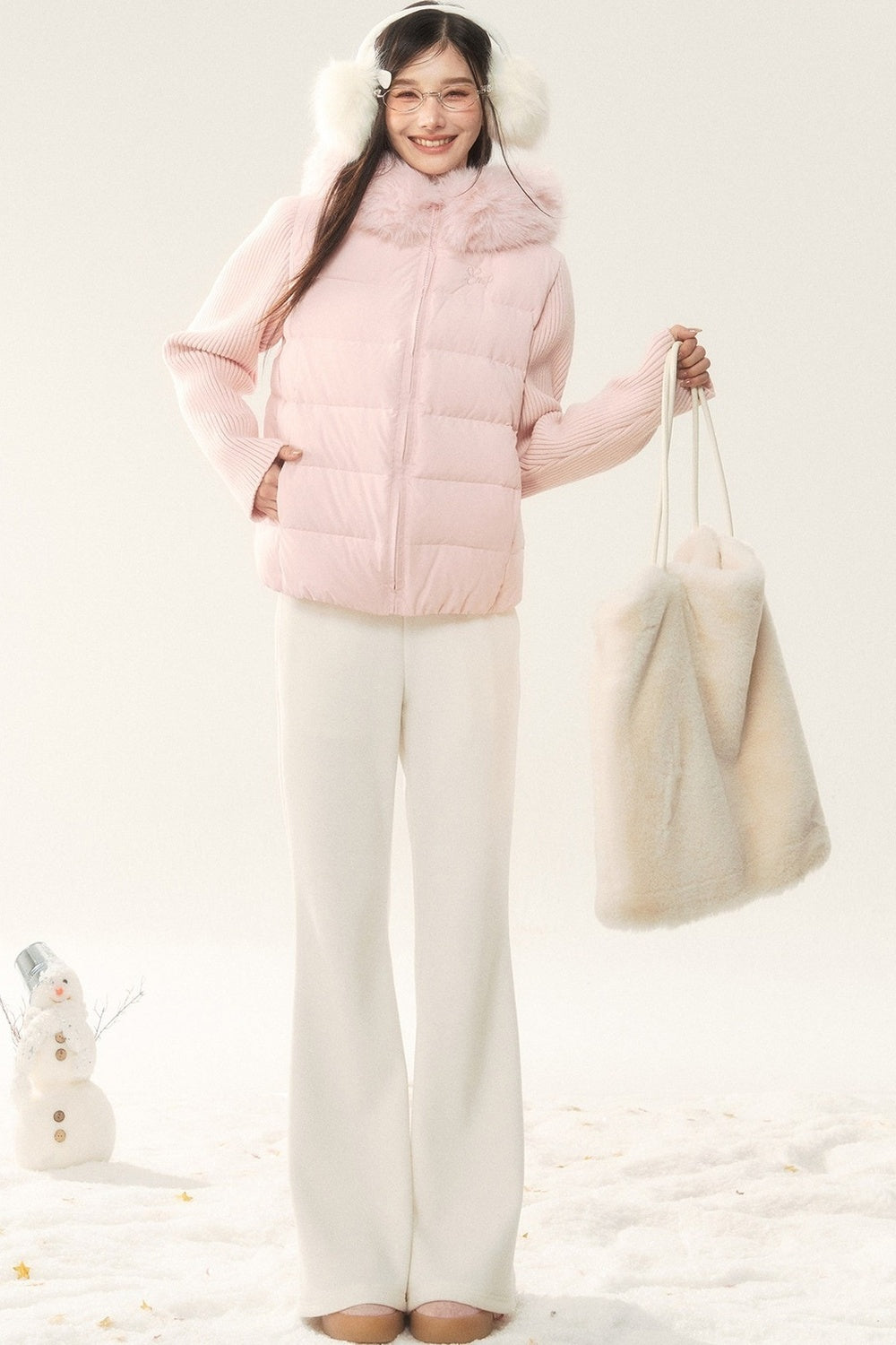 Hooded Knitted Sleeve Down Jacket and Pants Set-Up