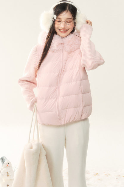 Hooded Knitted Sleeve Down Jacket and Pants Set-Up