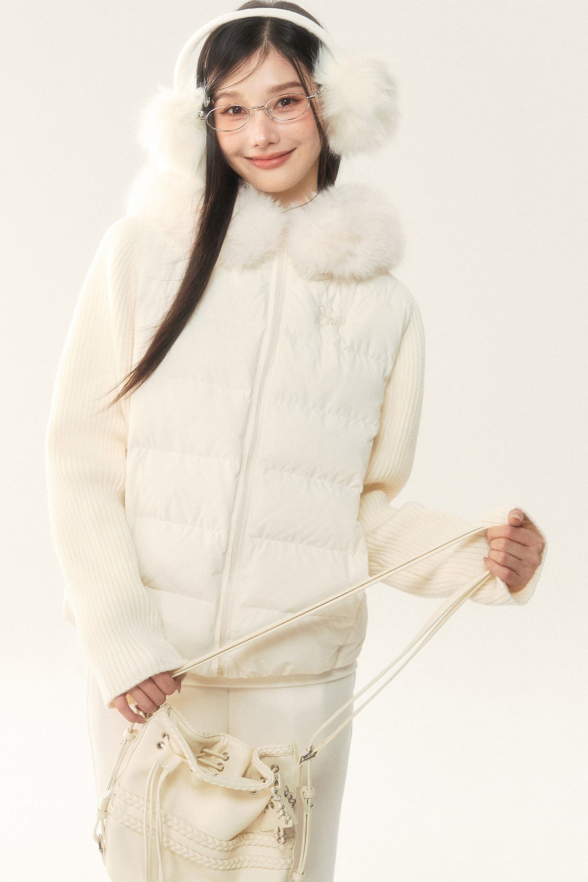 Hooded Knitted Sleeve Down Jacket and Pants Set-Up
