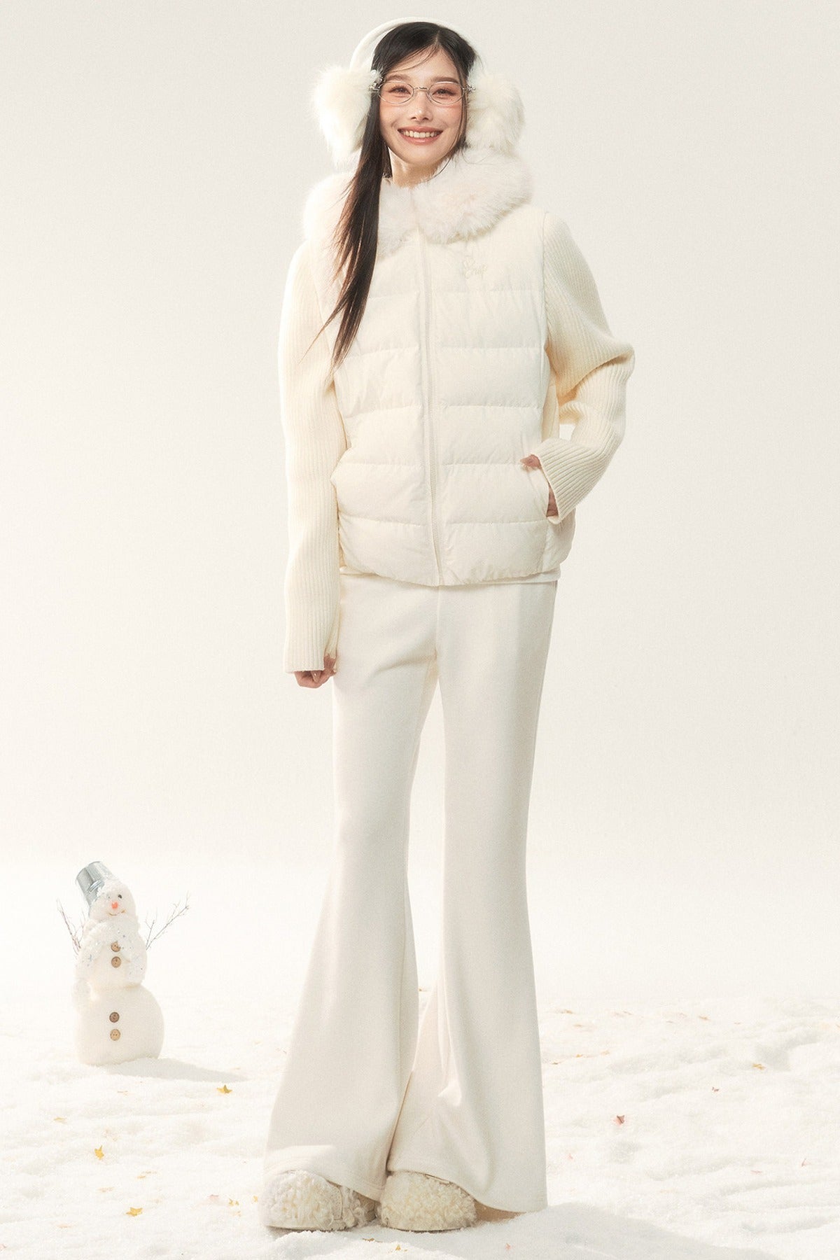 Hooded Knitted Sleeve Down Jacket and Pants Set-Up