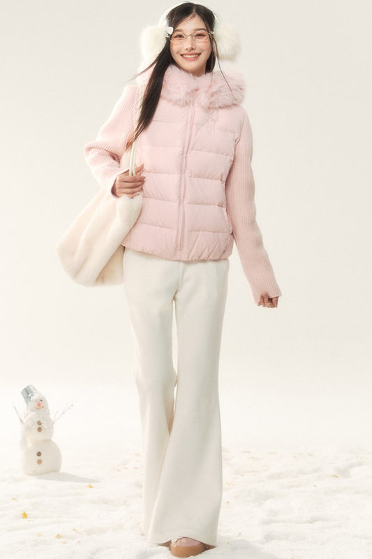 Hooded Knitted Sleeve Down Jacket and Pants Set-Up