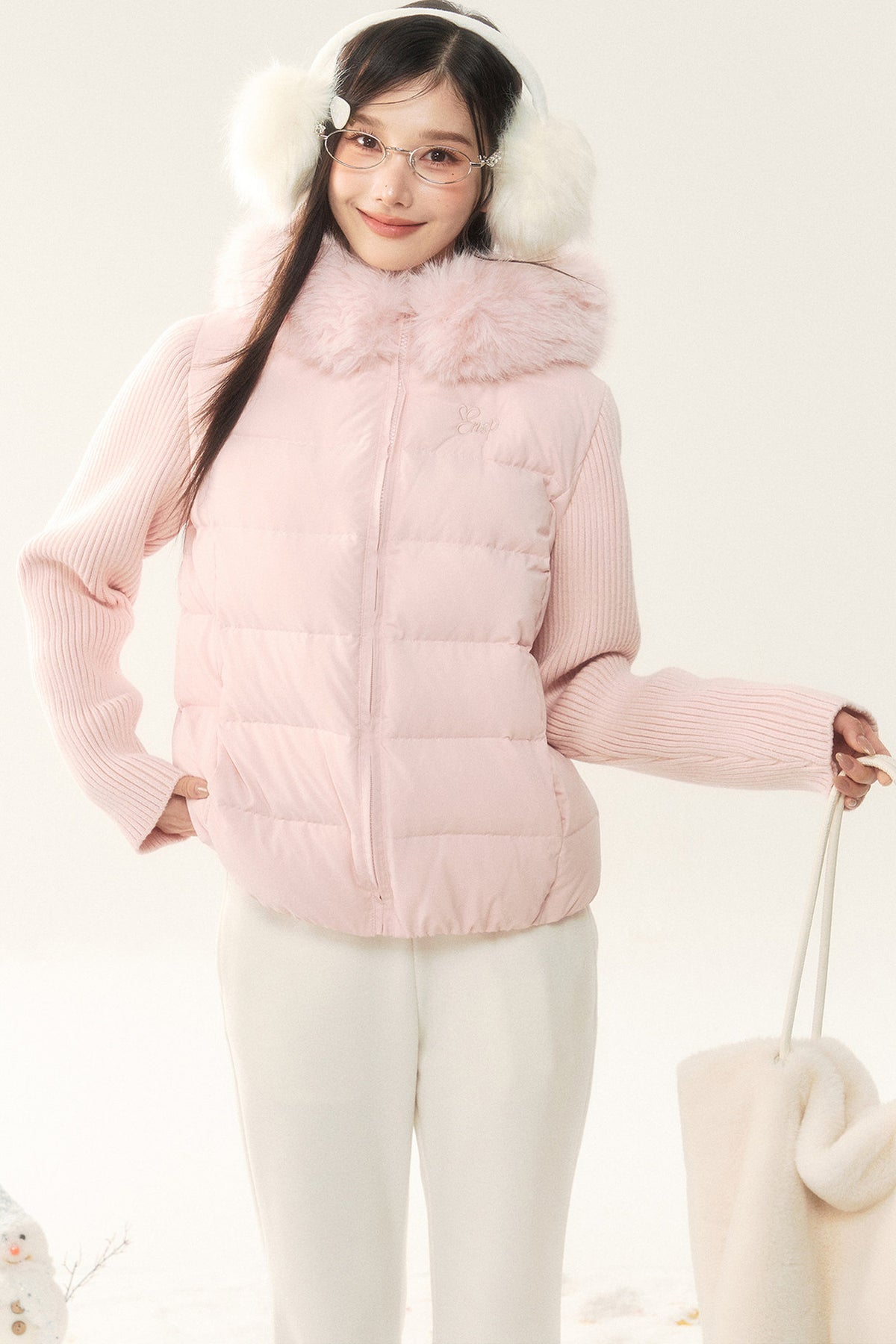 Hooded Knitted Sleeve Down Jacket and Pants Set-Up
