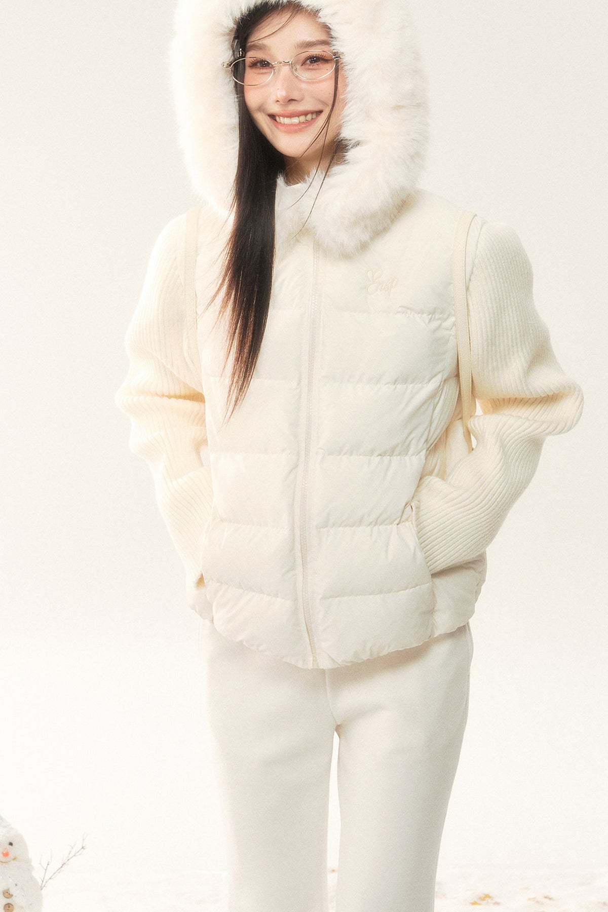 Hooded Knitted Sleeve Down Jacket and Pants Set-Up