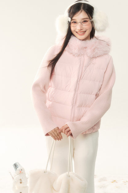 Hooded Knitted Sleeve Down Jacket and Pants Set-Up