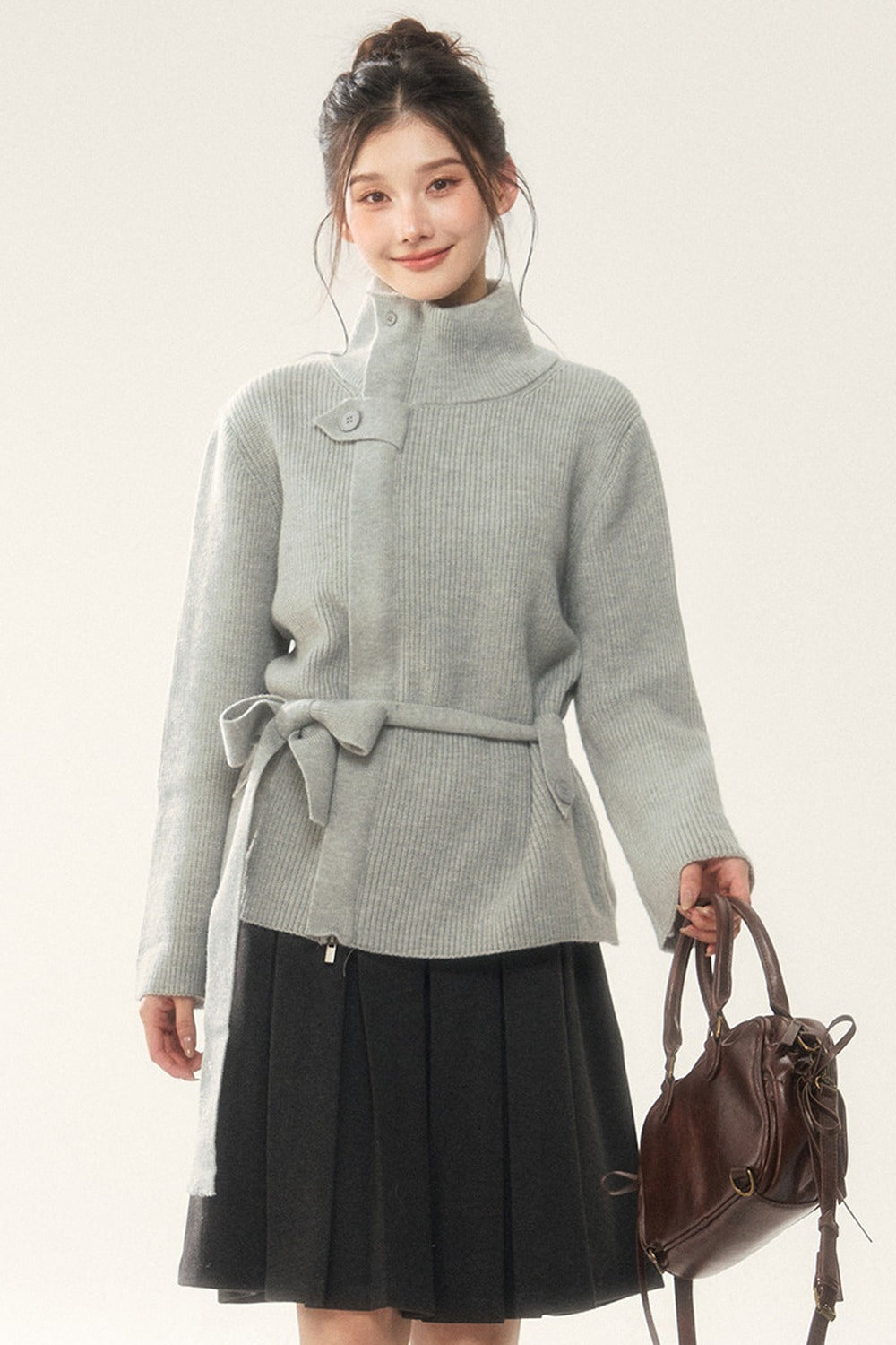 Wool Tie Cardigan and Pleated Skirt Set-Up
