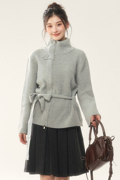 Wool Tie Cardigan and Pleated Skirt Set-Up