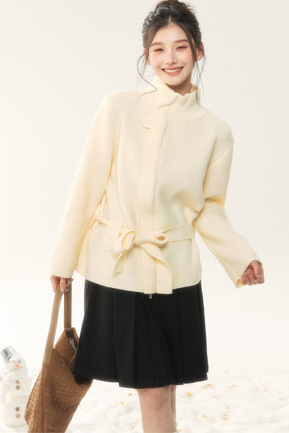 Wool Tie Cardigan and Pleated Skirt Set-Up
