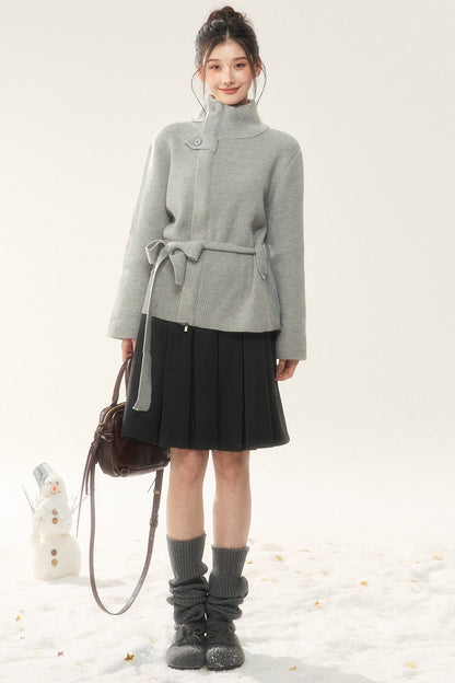 Wool Tie Cardigan and Pleated Skirt Set-Up