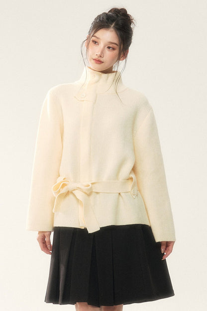 Wool Tie Cardigan and Pleated Skirt Set-Up