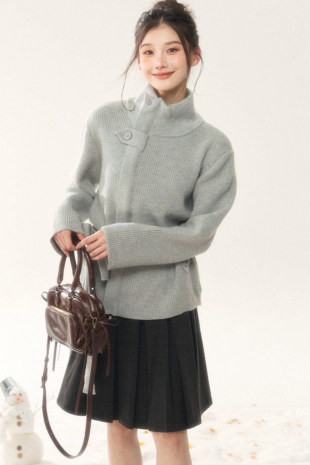 Wool Tie Cardigan and Pleated Skirt Set-Up