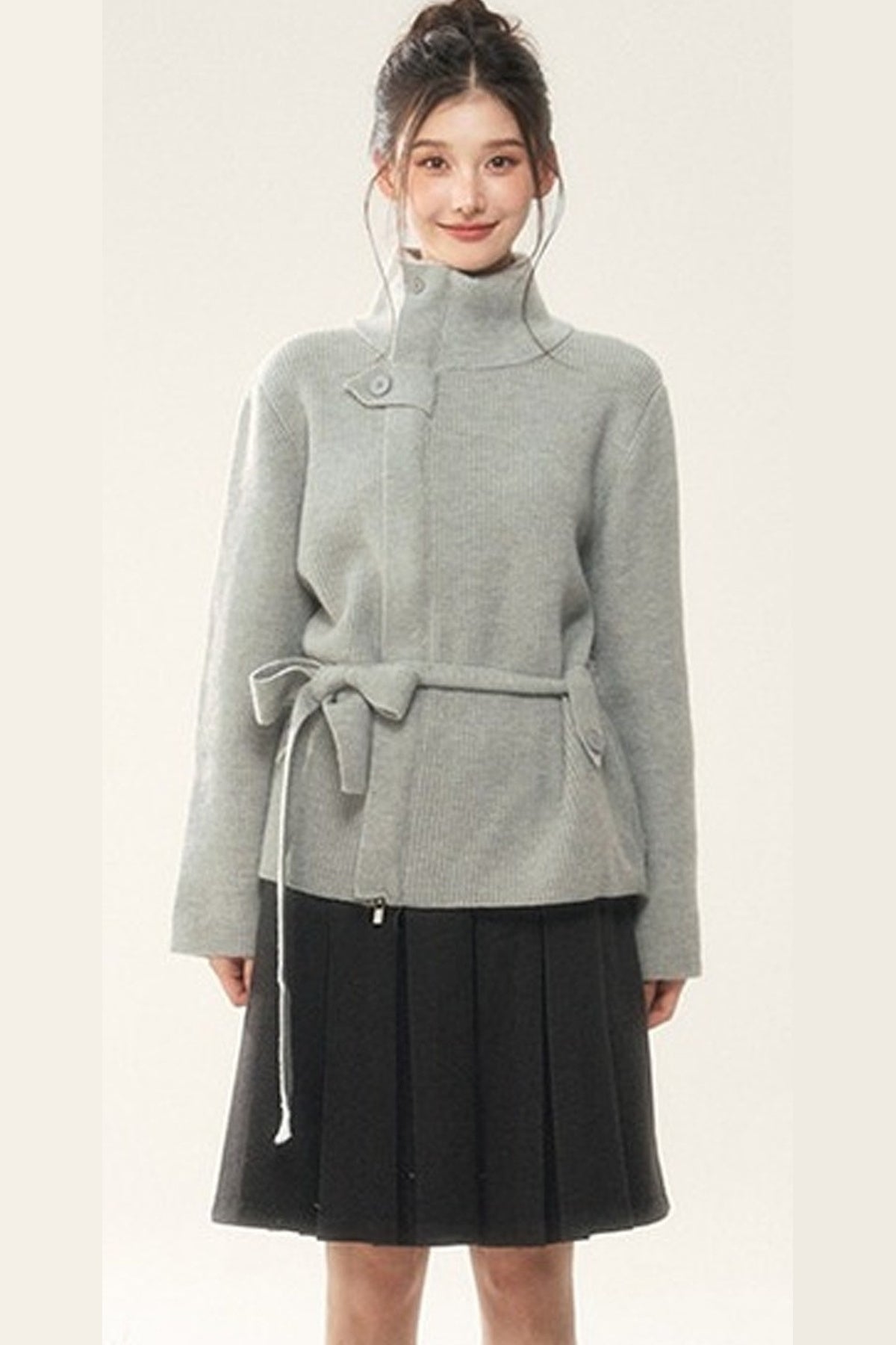 Wool Tie Cardigan and Pleated Skirt Set-Up
