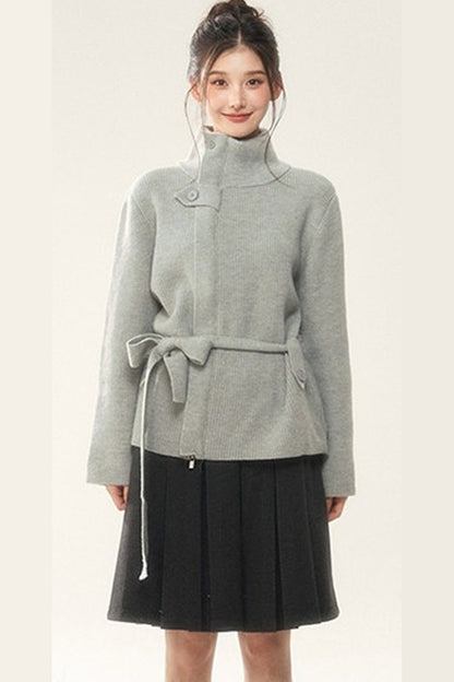 Wool Tie Cardigan and Pleated Skirt Set-Up