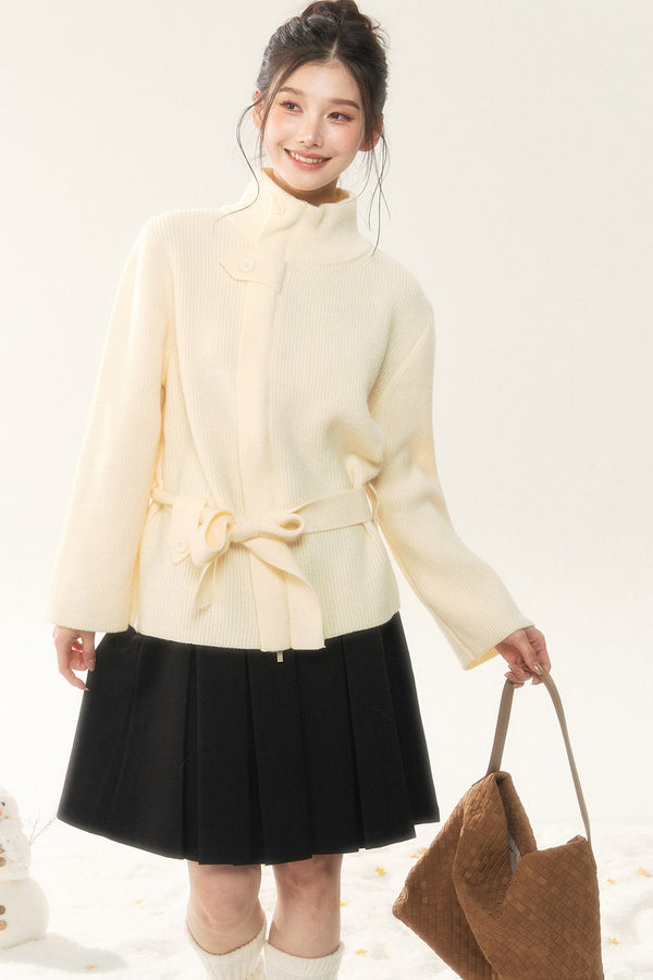 Wool Tie Cardigan and Pleated Skirt Set-Up