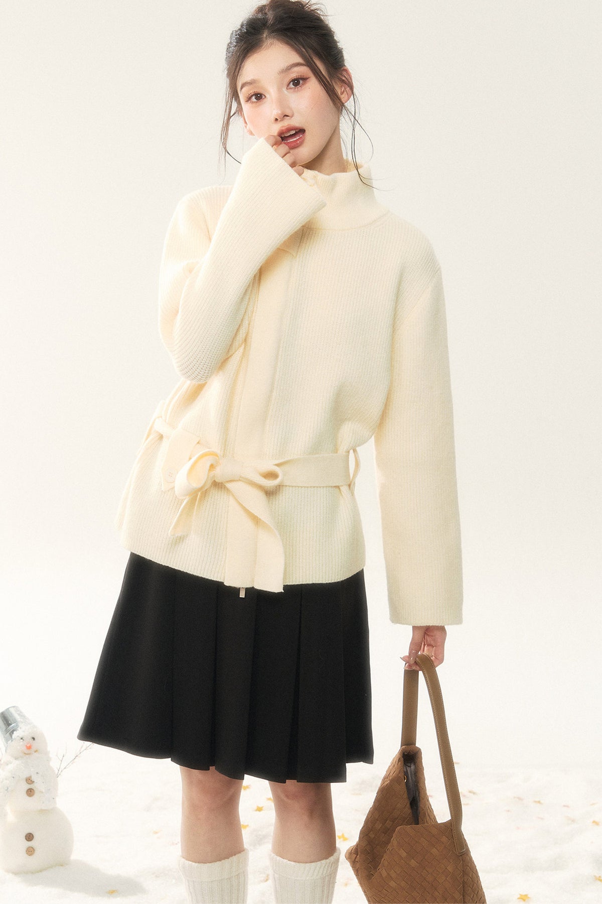 Wool Tie Cardigan and Pleated Skirt Set-Up