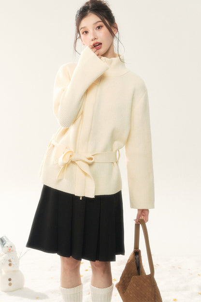 Wool Tie Cardigan and Pleated Skirt Set-Up