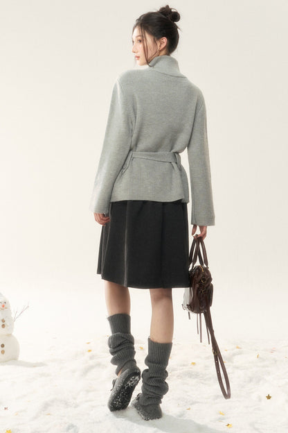 Wool Tie Cardigan and Pleated Skirt Set-Up